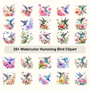 May include: A collection of watercolor hummingbird clipart. Each hummingbird is depicted with vibrant colors, surrounded by flowers and butterflies. The text "25+ Watercolor Humming Bird Clipart" is displayed at the bottom.