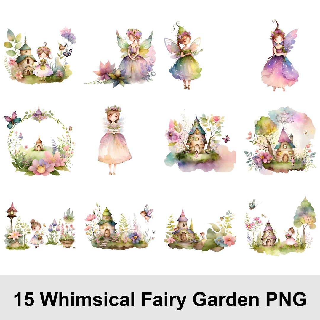 15 Fairy Garden Watercolor Clipart Bundle PNG | Magical Fairy Clipart ...