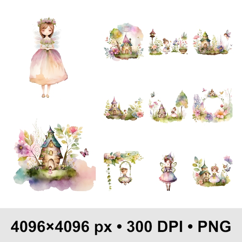 15 Fairy Garden Watercolor Clipart Bundle PNG | Magical Fairy Clipart ...