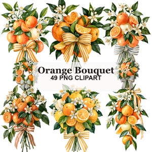Puede incluir: Una colección de ilustraciones digitales que muestran ramos de naranjas con hojas verdes, flores blancas y cintas a rayas. El texto Orange Bouquet 49 PNG CLIPART está centrado en medio de la disposición de seis diseños de frutas distintos.