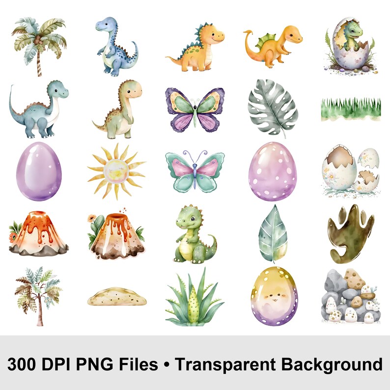 Watercolor Dinosaur Clipart Bundle | Cute Baby Dinosaur PNG Nursery ...