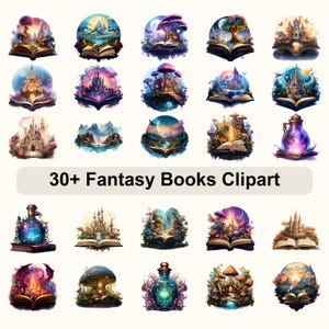Könnte beinhalten: Eine Sammlung von über dreißig Fantasy-Buch-Clipart-Bildern. Jedes Bild zeigt ein anderes offenes Buch mit einer farbenfrohen Fantasy-Szene im Inneren, darunter Burgen, Pilze und magische Landschaften. Der Text "30+ Fantasy Books Clipart" wird angezeigt.