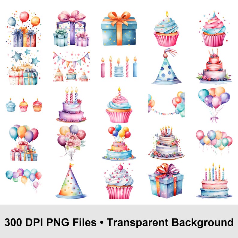 Watercolor Birthday Cake Clipart 50+ PNG | Party Cake Illustrations ...