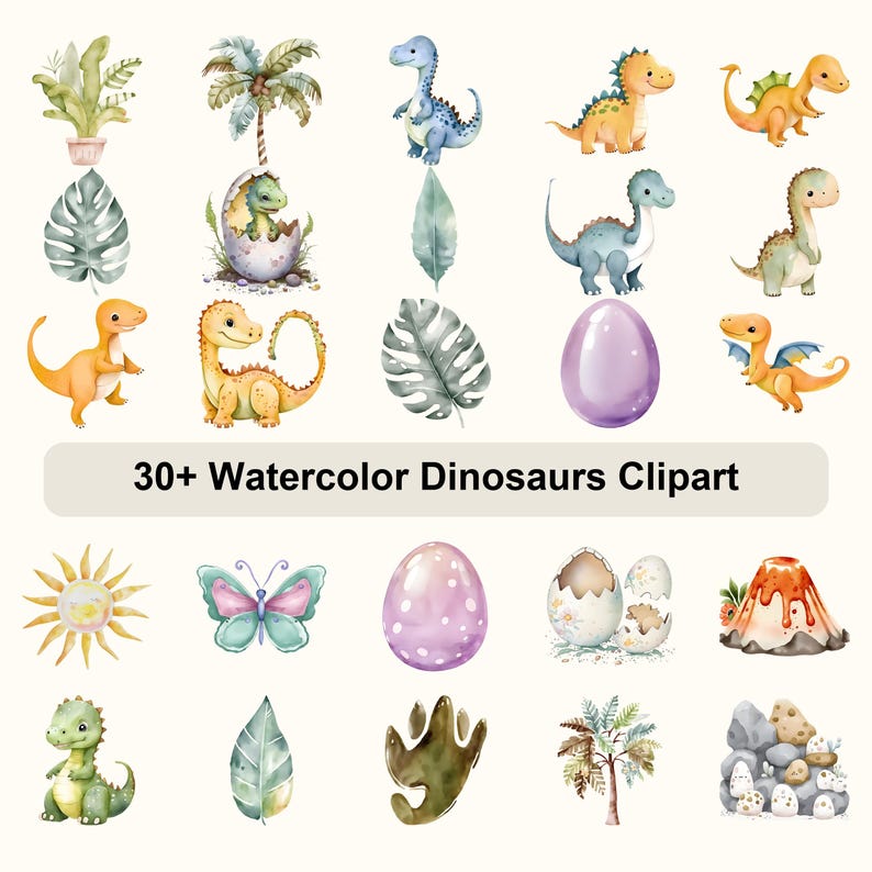 Watercolor Dinosaur Clipart Bundle | Cute Baby Dinosaur PNG Nursery ...