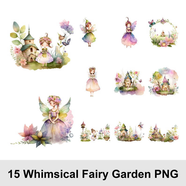 15 Fairy Garden Watercolor Clipart Bundle PNG | Magical Fairy Clipart ...