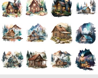15+ Watercolor Log Cabin Clipart Bundle PNG | Rustic Cabin Illustrations | Woodland Cabin Art | Cozy Mountain Lodge Graphics