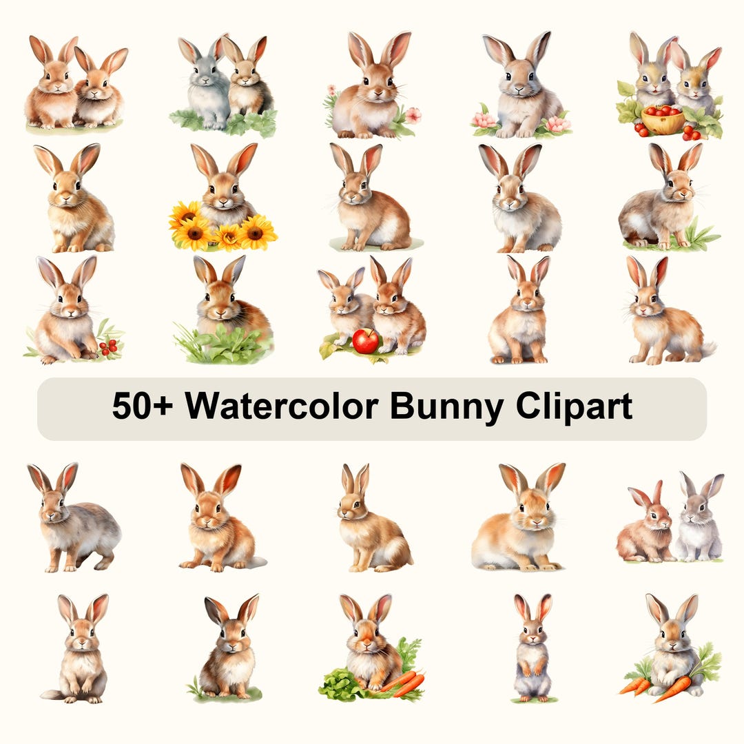 Watercolor Bunny Clipart Bundle • Cute Rabbit Illustrations PNG • Baby ...