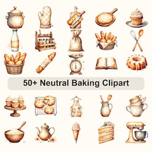 Puede incluir: Ilustración en acuarela de imágenes prediseñadas con temática de repostería. La imagen presenta varias herramientas y alimentos para hornear, incluyendo un bol, cupcakes, pan y una batidora de pie. El texto "50+ Neutral Baking Clipart" se muestra en el centro.