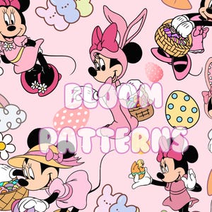 May include: Pink Easter-themed pattern featuring Minnie Mouse in various poses, including wearing bunny ears and holding Easter eggs and baskets. The design includes carrots, flowers, and a rainbow, with the text "BLOOM PATTERNS".