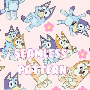 May include: A seamless pattern with cartoon dogs in light blue, orange, and purple, set against a pale pink backdrop. The design includes pink flower motifs and the text "SEAMLESS PATTERN". The dogs are in various playful poses.