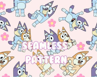 May include: Seamless pattern featuring cartoon dogs in various poses, with light blue, orange, and purple accents, set against a soft pink background. Pink flower accents are also included. The words "SEAMLESS PATTERN" are overlaid on the image.