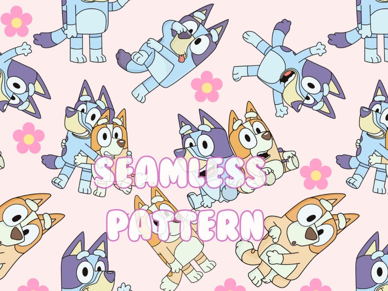 Puede incluir: Patr&oacute;n sin costuras con perros de dibujos animados en azul claro, naranja y morado sobre un fondo rosa p&aacute;lido. El dise&ntilde;o incluye motivos florales rosas y el texto "SEAMLESS PATTERN". Los perros est&aacute;n en varias poses juguetonas.
