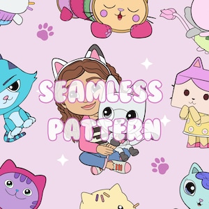 Könnte beinhalten: Ein nahtloses Muster mit Cartoon-Katzen und einem Mädchen, das eine Katze umarmt, vor einem hellrosa Hintergrund. Das Design umfasst verschiedene Katzenfiguren in verschiedenen Farben und Stilen, mit dem Text "SEAMLESS PATTERN" in der Mitte.