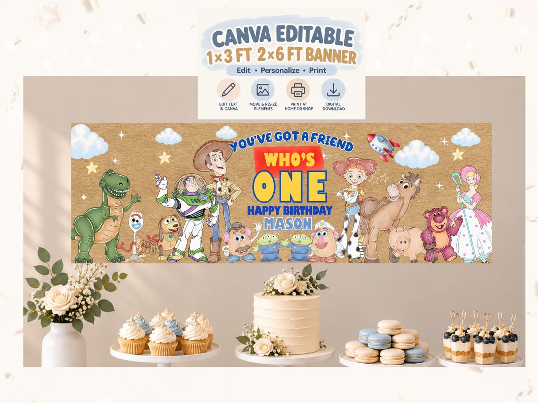 Toy Story 1st Birthday Banner, Editable Canva Backdrop,5th Birthday ...