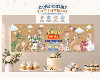 May include: A rectangular banner featuring Toy Story characters including Woody, Buzz Lightyear, Rex, and Jessie. The text reads Reach FOUR THE SKY HAPPY BIRTHDAY MASON. The background is a light brown texture with clouds and stars.