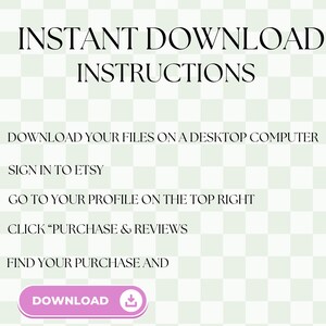Puede incluir: Imagen con instrucciones de descarga instant&aacute;nea. El texto dice "INSTRUCCIONES DE DESCARGA INSTANT&Aacute;NEA" seguido de los pasos: descargar archivos en una computadora de escritorio, iniciar sesi&oacute;n en Etsy, ir a tu perfil, hacer clic en "Compras y rese&ntilde;as" y encontrar tu compra. Un bot&oacute;n de descarga rosa en la parte inferior.