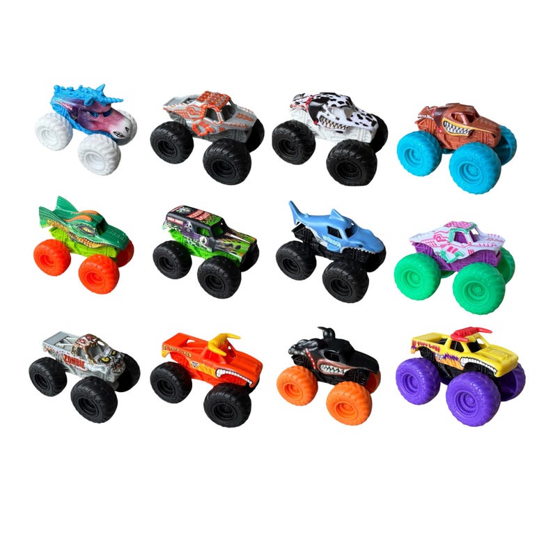 K&ouml;nnte beinhalten: Eine Sammlung von zw&ouml;lf bunten Spielzeug-Monstertrucks. Jeder Truck hat ein einzigartiges Design mit verschiedenen Farben und Themen, darunter ein Hai, ein Zombie und ein Dinosaurier. Die Trucks haben gro&szlig;e R&auml;der und detaillierte Grafiken.