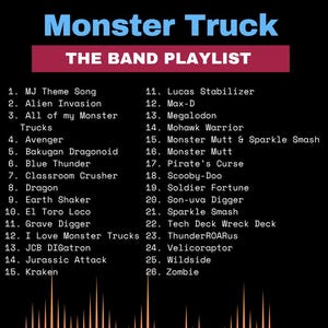 K&ouml;nnte beinhalten: Grafik mit dem Text "Monster Truck" in Blau und "THE BAND PLAYLIST" in einem roten Banner. Die Playlist enth&auml;lt 26 Songtitel, darunter "Grave Digger" und "Scooby-Doo".