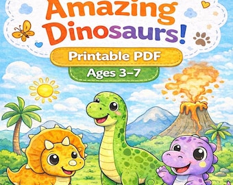 Libro da colorare sui dinosauri per bambini dai 3 ai 7 anni / Pagine da colorare stampabili per la scuola materna / Dinosauri kawaii / Download immediato in PDF