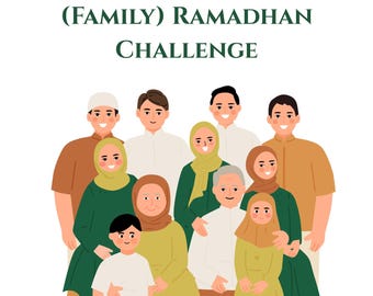 Könnte beinhalten: Illustration einer vielfältigen Familie, vermutlich muslimisch, mit dem Text "(Family) Ramadhan Challenge" oben. Das Bild zeigt Menschen unterschiedlichen Alters und unterschiedlicher Kleidung, darunter auch Hijabs. Die Farbpalette umfasst Grün-, Braun- und Gelbtöne.