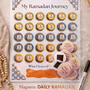 May include: A magnetic Ramadan reflection tracker for children. The set includes a calendar with 30 days, each with a sticker. The text on the board reads "My Ramadan Journey". Includes a magnetic board, stickers, and a marker.