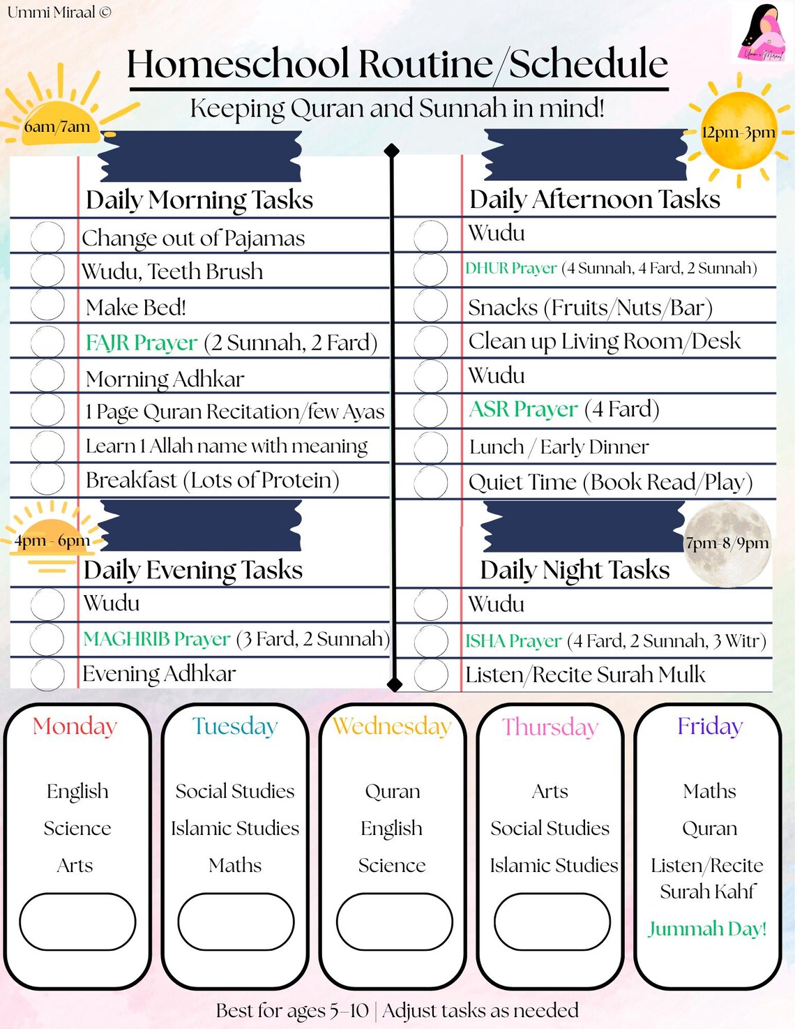 Islamic Homeschool Routine Chart | Kids Daily Salah & Quran Schedule ...