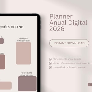Könnte beinhalten: Ein digitaler Planer für 2026, angezeigt auf einem Tablet. Der Planer enthält Abschnitte für Absichten, Ziele und Reflexionen. Der Text "Sofort-Download" wird zusammen mit Aufzählungspunkten mit den Funktionen angezeigt.