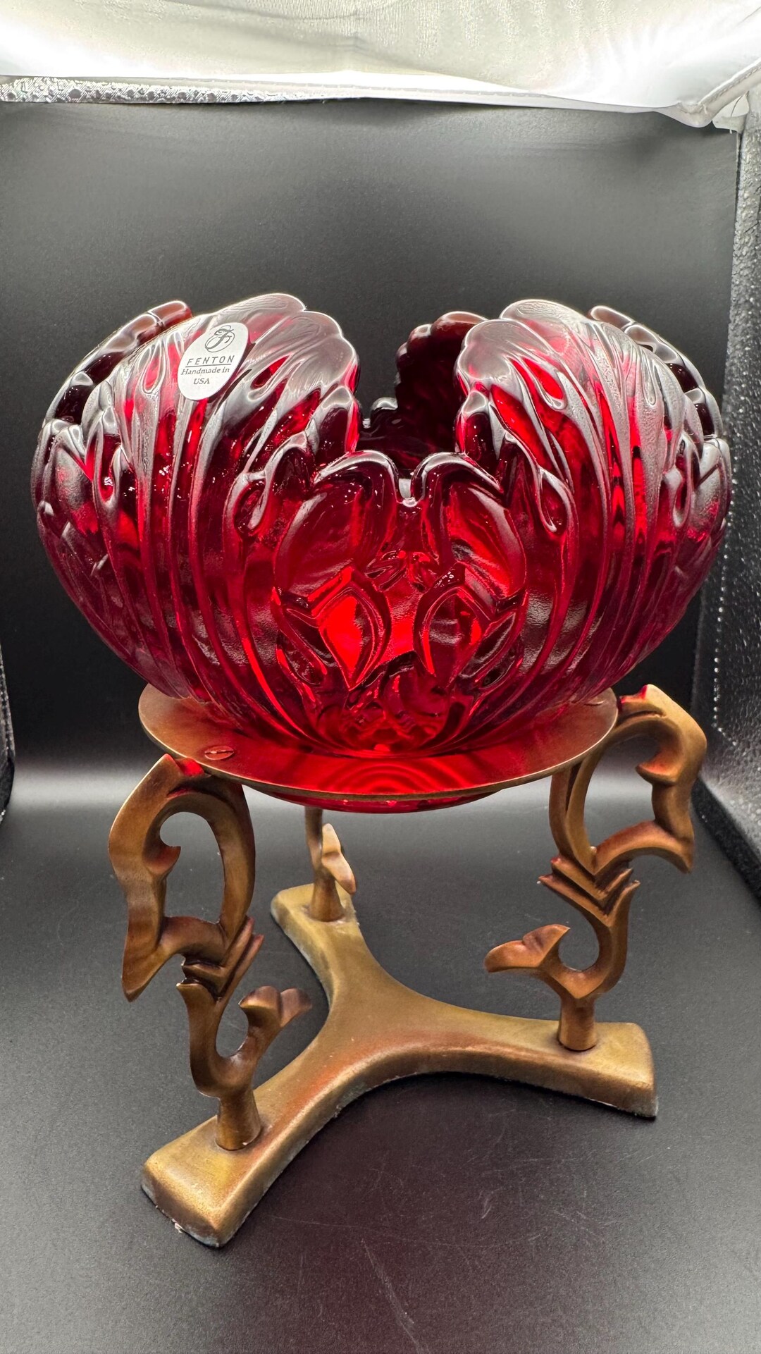 Fenton Ruby Red Bowl Ruffle Fenton Ruby Red Rose Bowl in Brass Stand - Etsy