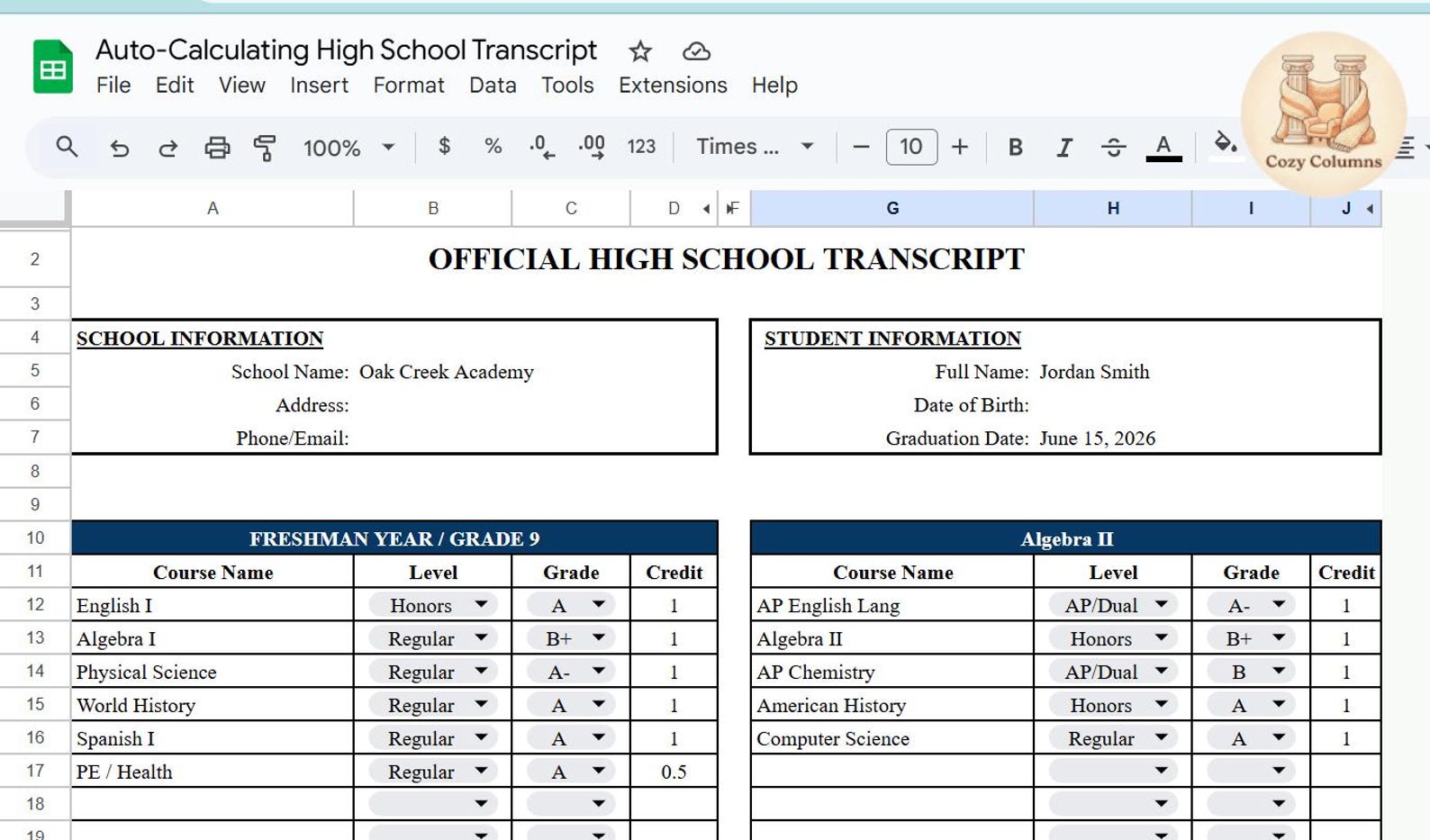 High School Transcript Template & Auto-gpa Calculator | Homeschool ...