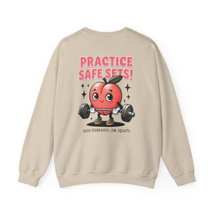 Practice Safe Sets Peach Weightlifting Crewneck Sweatshirt | Cute Gym Graphic