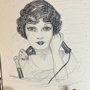 Vintage Flapper Telephone Sketch |1920s Woman Portrait Drawing| Art  Deco Style