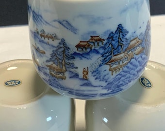 Vintage Japanese Yunomi Tea Cups Hand Painted Blue White Landscape