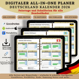 Deutschland Kalender 2026 mit Feiertagen & Schulferien | Digitaler All-in-One Planer 2026 | Hyperlinked Planner
