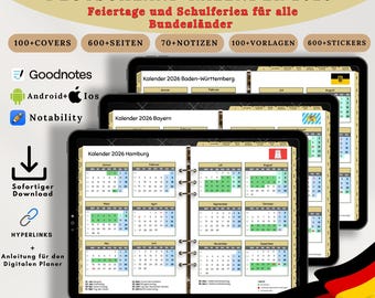 Germany Calendar 2026 with Public Holidays & School Holidays | Digital All-in-One Planner 2026 | Hyperlinked Planner