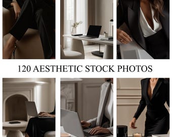 May include: A collection of aesthetic stock photos featuring business attire and office settings. The images showcase black blazers, dresses, and laptops on desks. The text "120 AESTHETIC STOCK PHOTOS" is displayed in the center of the image.