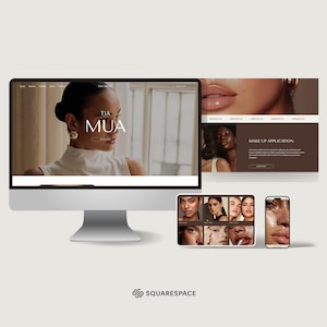 Può includere: Un design di sito web visualizzato su un monitor di computer, un tablet e uno smartphone. Il sito web presenta il testo "TIA MUA" e mostra applicazioni di trucco e contenuti di bellezza. Il design ha una palette di colori neutri.