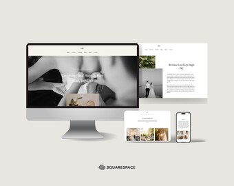 May include: A computer monitor, tablet, and smartphone display a website with a wedding theme. The monitor shows the text "Designing Your Happily Ever After, Together." The tablet and phone show different website pages. The Squarespace logo is at the bottom.