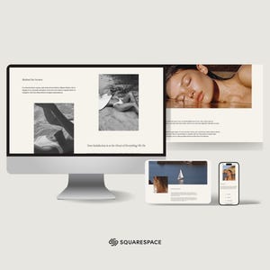Könnte beinhalten: Ein Desktop-Computer, ein Tablet und ein Smartphone zeigen ein Website-Layout mit Bildern und Text. Die Website enthält Schwarz-Weiß-Fotos und ein Foto einer Person. Das Squarespace-Logo befindet sich unten.