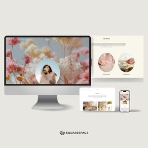 May include: A desktop computer, tablet, and smartphone display a website design with floral imagery. The website showcases a person holding flowers within a circular frame. The Squarespace logo is visible at the bottom.
