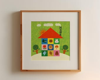 Cute Animals House Digital Print | Colorful Nursery Wall Art | Kids Room Decor | Home Sweet Home Poster | Children's Illustration Download