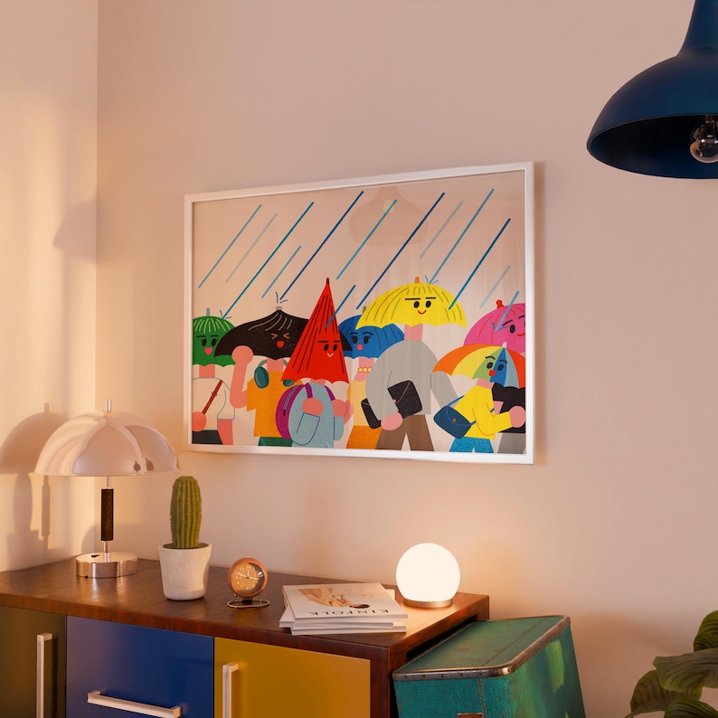 Rainy Day People Illustration Art Print, Colorful Umbrellas Wall Decor, Modern Graphic Character Poster image 3