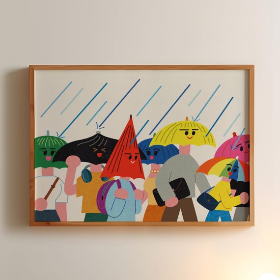 Rainy Day People Illustration Art Print, Colorful Umbrellas Wall Decor, Modern Graphic Character Poster