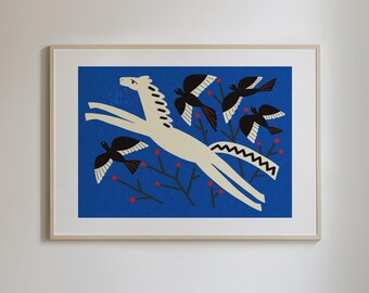 Cobalt Blue Horse Art, Cozy Bedroom & Living Room Decor