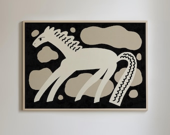 Minimalist Horse Wall Art Black Beige Animal Drawing Digital Download Abstract Horseback Poster Printable