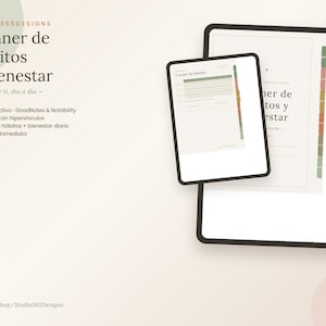 Puede incluir: Un planificador digital de hábitos y bienestar mostrado en dos pantallas de tableta. La interfaz presenta un diseño de cuadrícula, una barra lateral con pestañas de navegación de colores y el texto Planner de Hábitos y Bienestar.