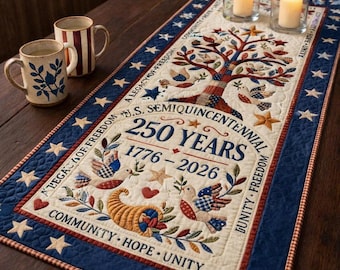 Camino de mesa patriótico, decoración del 250 aniversario, centro de mesa rústico rojo, blanco y azul, decoración de mesa de comedor americana 1776 2026