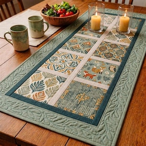 Boho Leaf and Floral Patchwork Quilted Table Runner for Dining, Home Decor, Rustic Table Accent, Nature Inspired Kitchen Decor