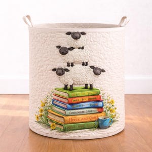 Sheep Book Stack Quilted Laundry Basket, Cute Farm Animal Hamper, Nursery Storage Bin with Teddy Bear, Kids Room Decor Organizer