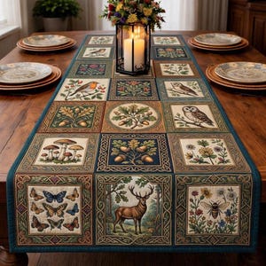 Caminho de mesa patchwork com animais da floresta, estampa de veado, coruja e cogumelos, decoração rústica para sala de jantar estilo fazenda, roupa de mesa cottagecore.