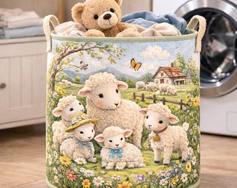 Sheep Meadow Quilted Laundry Basket, Cute Lamb Farm Hamper, Nursery Toy Storage Bin, Farmhouse Laundry Organizer, Country Kids Room Decor